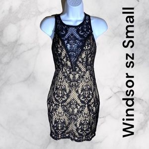 Windsor mini dress women’s small, strappy, sheer black lace, nude lining bodycon